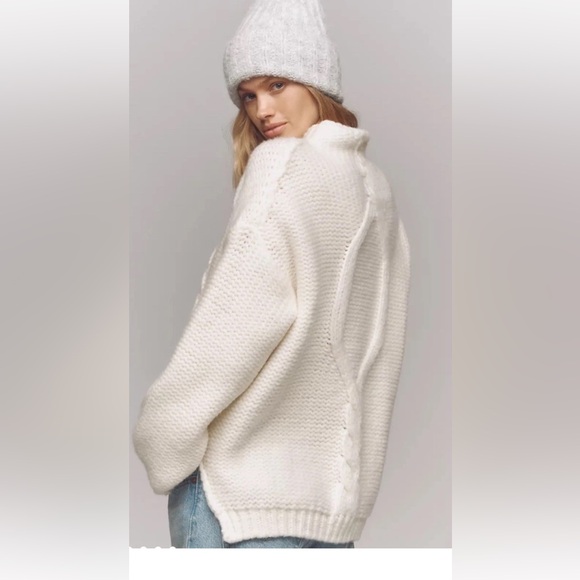Anthropologie Sweaters - Anthropologie Maeve Relaxed Mock Neck Cable Knit Sweater Wool Ivory